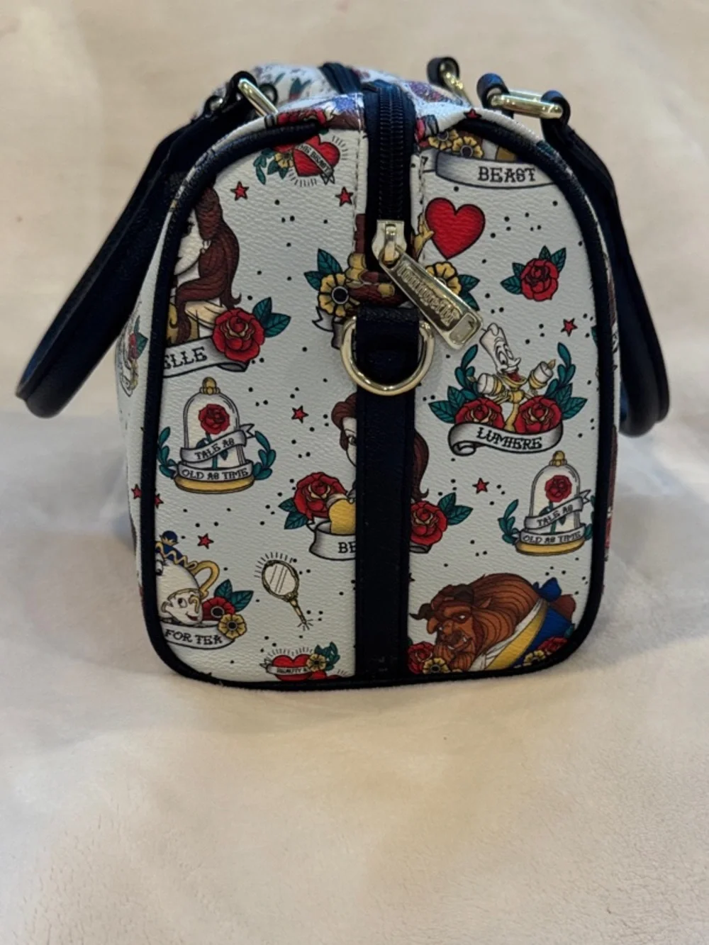 Loungefly Pale Blue Beauty and the Beast Character Print Satchel with Black Trim